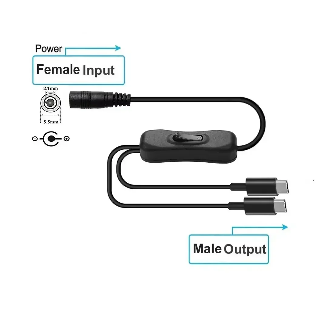 2 in 1 DC5.5 X 2.1mm to Type-C / Micro USB / USB Adapter Cable With ON/OFF Switch DC Power Female to Male Splitter Charging Cord