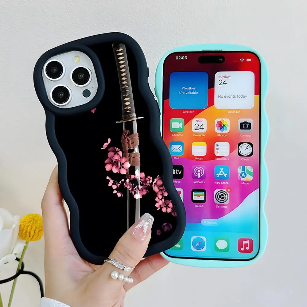 

Katana Samurai Ronin Sakura Phone Case for iPhone 17 16 15 14 13 12 11 Air Pro Max Plus Wavy Edge TPU Colorful Cover Luxury