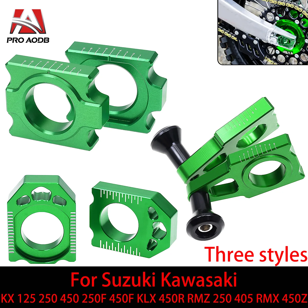 

CNC Dirt Bike Green Axle Block Chain Adjuster For Kawasaki Suzuki RMZ250 450 RMX450Z KX 125 250 450 250F 450F KLX 450R Etc Model