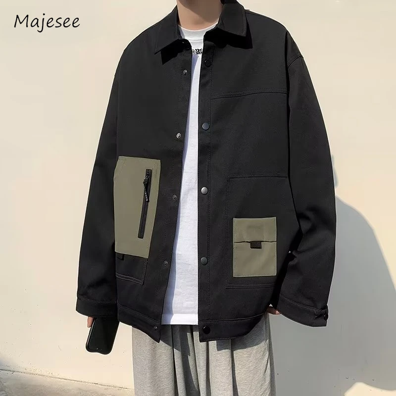 Men Jackets Casual Baggy Streetwear Autumn Patchwork Daily Zipper Pocket American Style Teenagers All-match Handsome Fashion