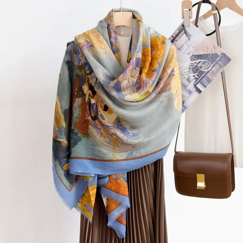 High-end Elegant Women Fine Dunhuang Flying Fairy Print Quality Water Soluble Wool Handmade Fringe Soft Warm Long Scarf Shawl