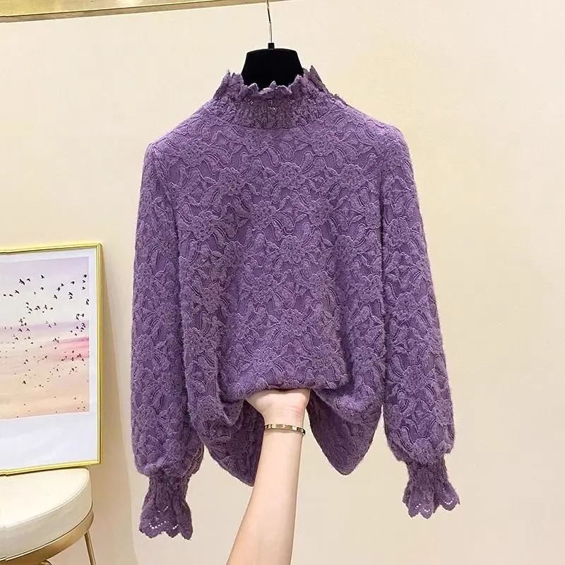 Women's Thick Lace Bottom Autumn Winter New Fashion Chic Solid Half High Neck Patchwork Ruched Long Sleeve Pullover Slim Tops