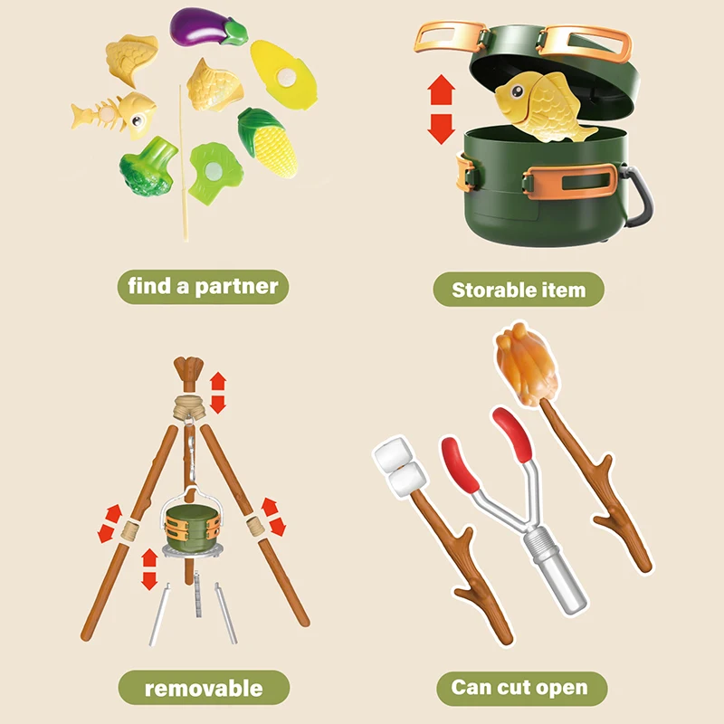 51PC Simulated Campfire Camping Set Toys With Electric Lights Music Kids Educational House Play Food Picnic Game Christmas Gifts