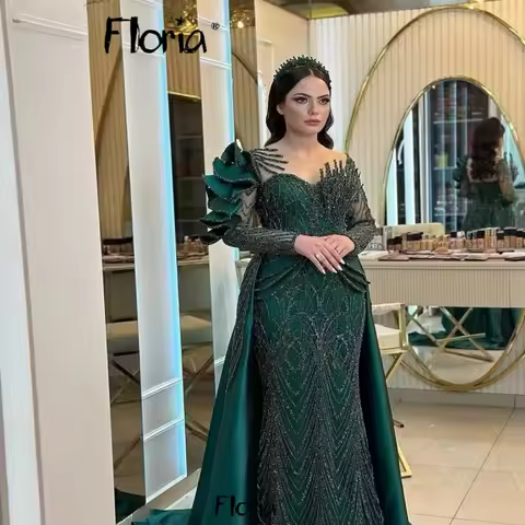 Customized Emerald Green Prom Dress With Satin Overskirt Floor-Length Long Sleeves Draped Evening Dress Beaded Bride Wear Dubai