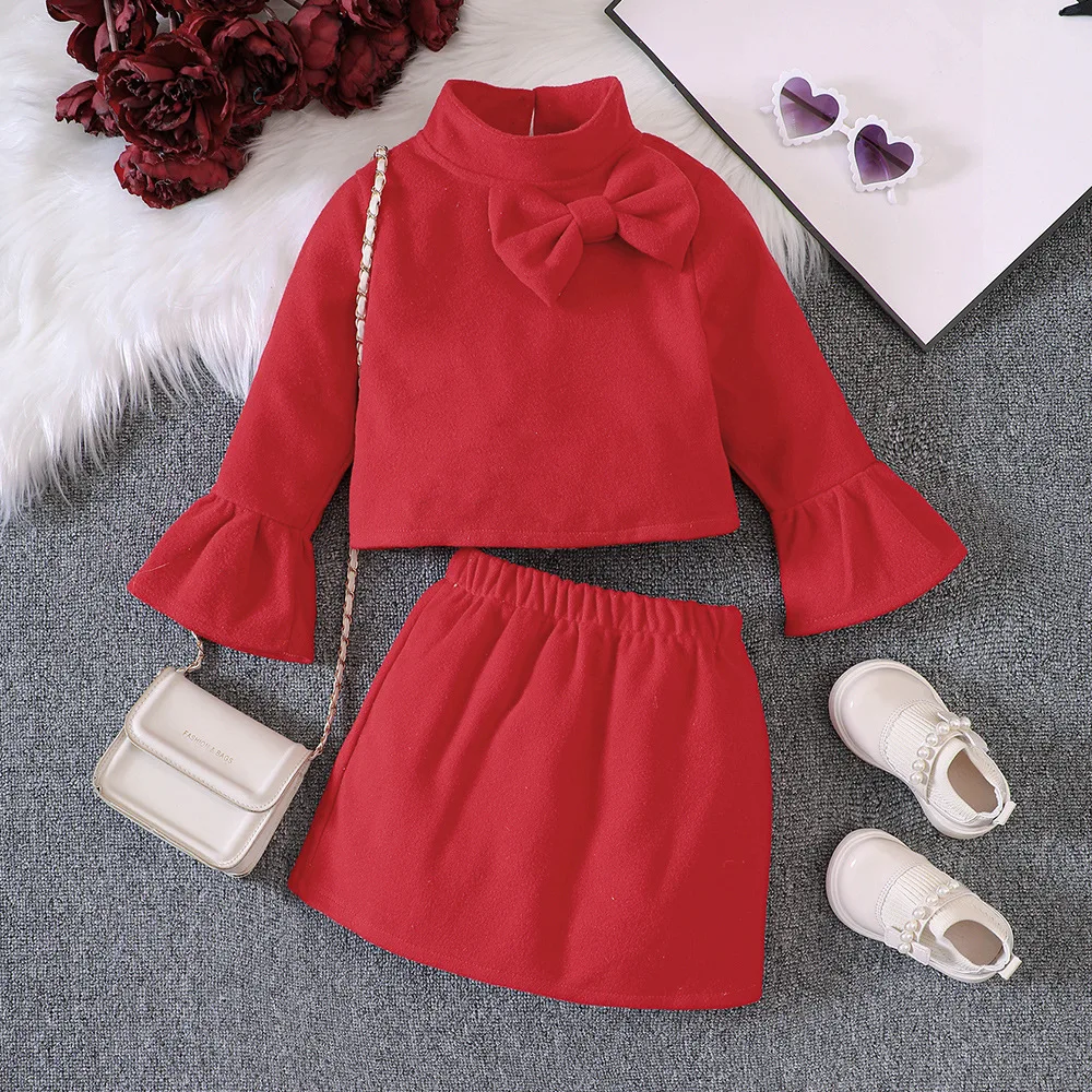 

2023 New Clothing Set Girls Long Sleeve Turtleneck Bow Red Skirts Cute 2 Pcs Sets Casual Girls Clothes Sets 18M-7T