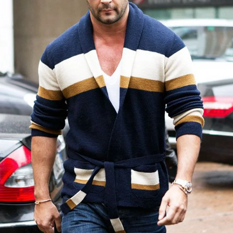 

Мужской вязаный свитер с длинным рукавом, осенне-зимний полосатый кардиган свободного кроя с открытым воротником и цветными блоками