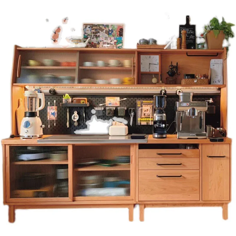 

Cabinet dining side cabinet solid wood Japanese-style integrated wall high simple modern tea light luxury storage