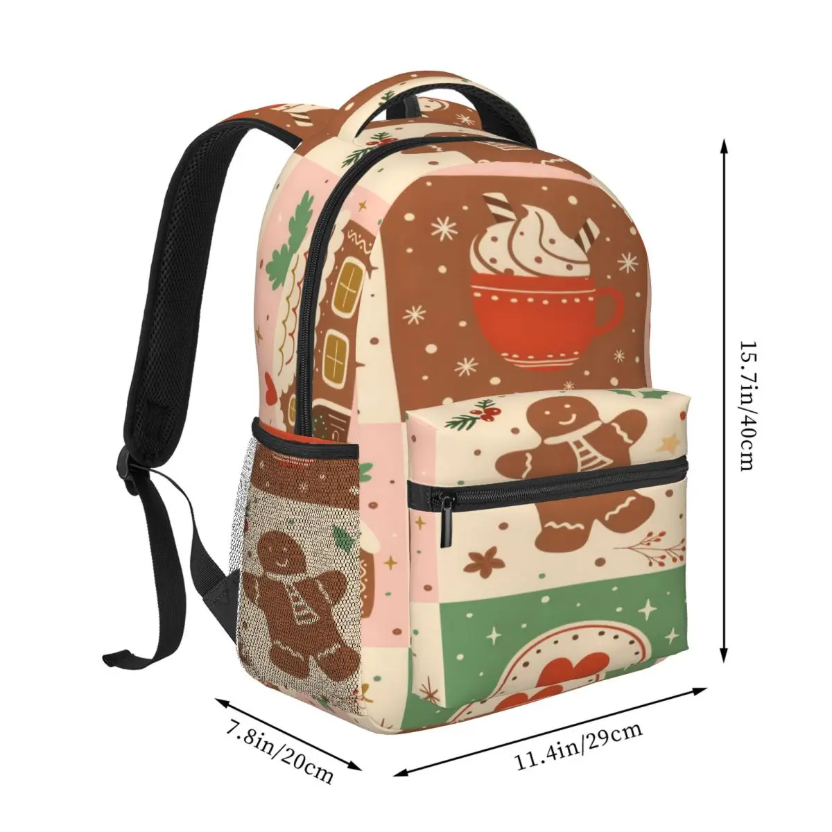 Winter Holiday Print Backpack Grid Gingerbread House Mug Tiles Cute Christmas Orange Brown Pink Cream Girls Bookbag Personalized
