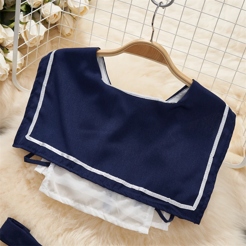 See-through Cosplay Preppy Sailor Uniform Temptation Set Sexy Bow Crop Top Women Clothing Short Set Hollow Out Skirt Patchwork