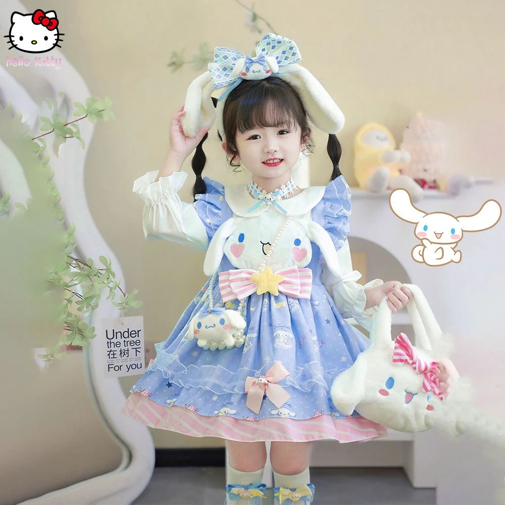 Girl Cartoon Lolita Dress Sanrios Cinnamoroll Spring Summer Birthday Party Role Play Tutu Dress Child Short Sleeve Dress Gift