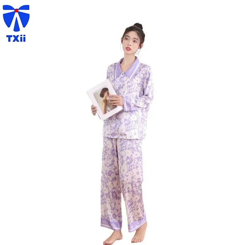 Purple Floral Fashion Style Comfortable Autumn New Pajamas Women's Ice Silk Cool  Leisure Home Clothes