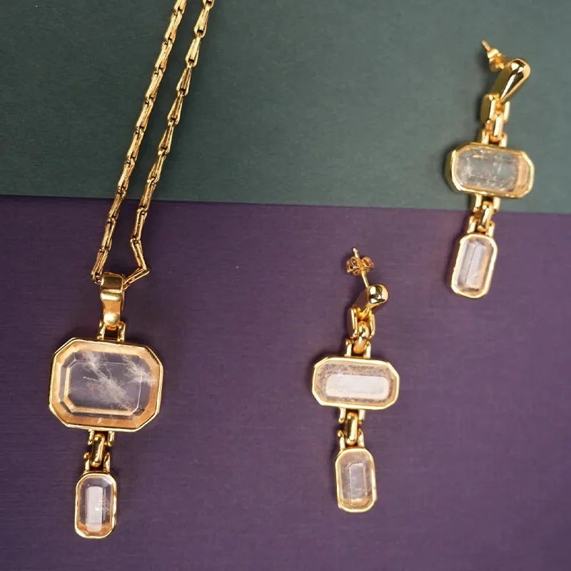 

Горячая Европа, американский дизайн, квадратный натуральный кристалл, кулон, ожерелье, серьги, женские винтажные ювелирные изделия