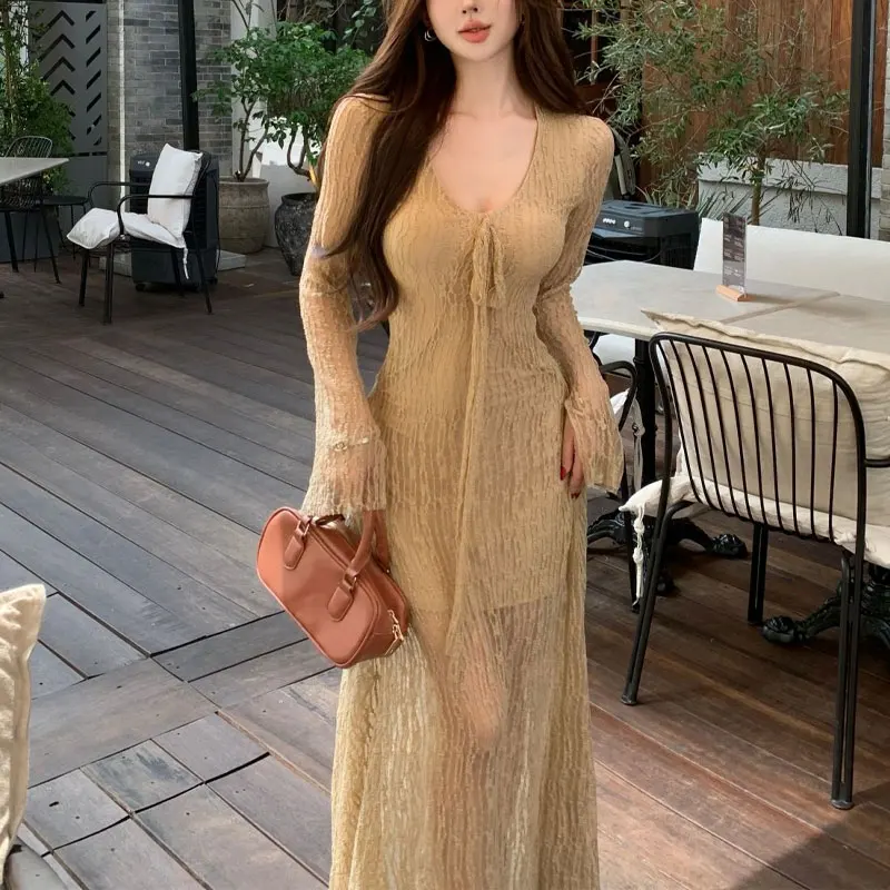 

Aura Flare Sleeve Waist Dresses Spring Autumn Solid Color Women's Clothing V-Neck Stylish Drawstring Elegant Bag Hip Long Dress