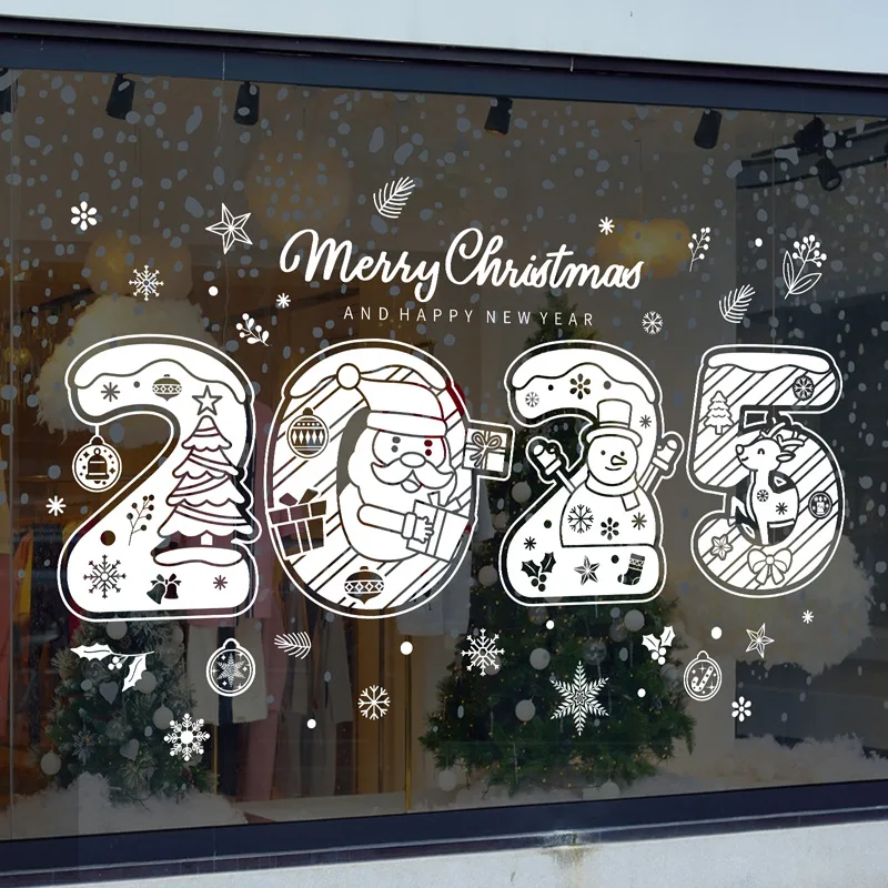 2025 Merry Christmas Electrostatic Window Sticker Happy New Year Shopping Mall Window Sticker Santa Claus Snowflake Window Decal