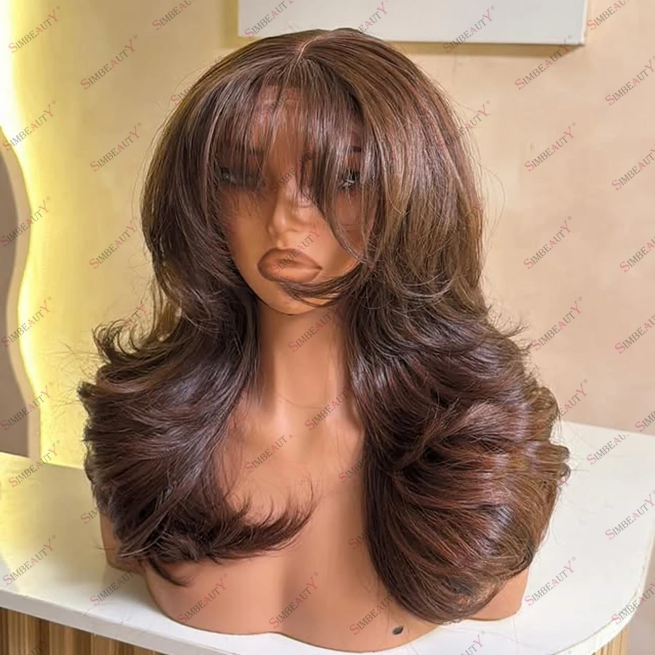 Mocha Brown 100% Human Hair Black Women Wavy 13X6 Lace Front Wigs French Bangs 360 Lace Frontal Fringe Style Layered Women Wigs