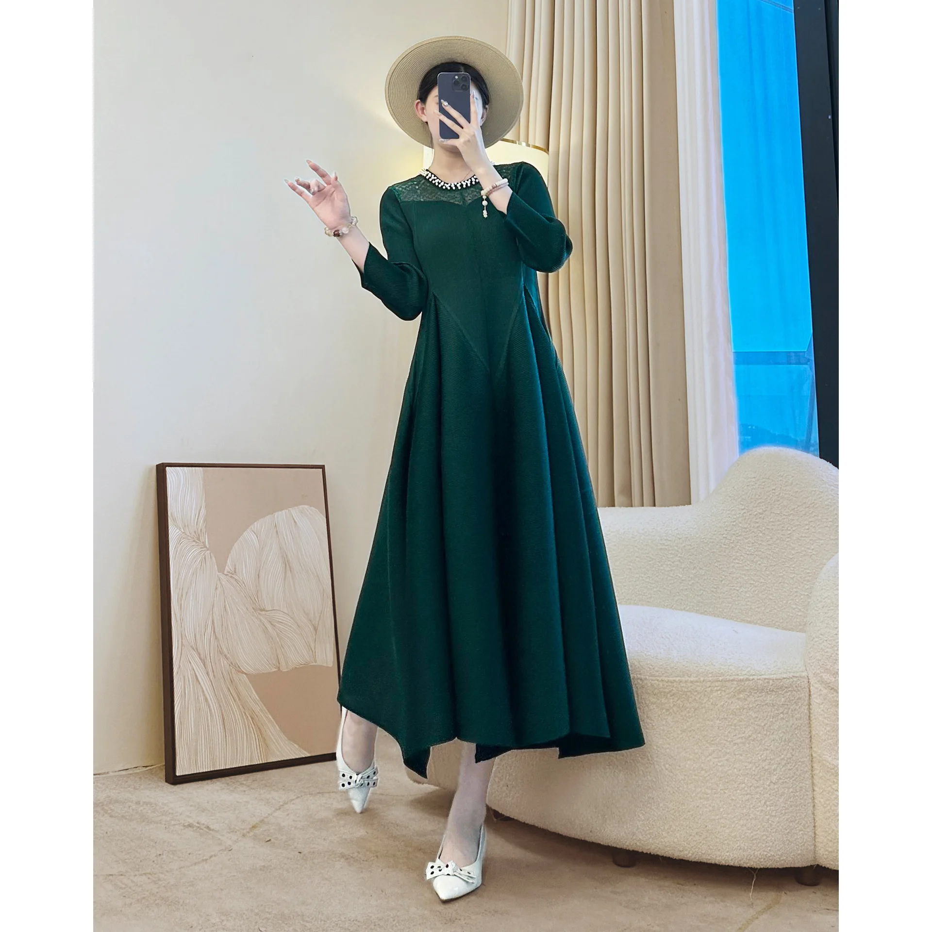 خريف جديد ريترو أنيق مرصع بالألماس فستان كاجوال للسيدات مصنع الجملة فستان مطوي #3