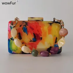 Women Acrylic Box Colorful Flower New Handbag Luxury Designer  Clutch Purses Wedding Party High Quality Oval LAdy Female Bag