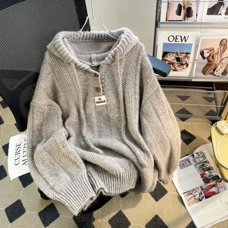 Korean Knitted Hooded Sweater Women Fall Winter Long Sleeved Warm Buttons Loose Pullover Solid Harajuku Lazy Sprots Sweatshirt