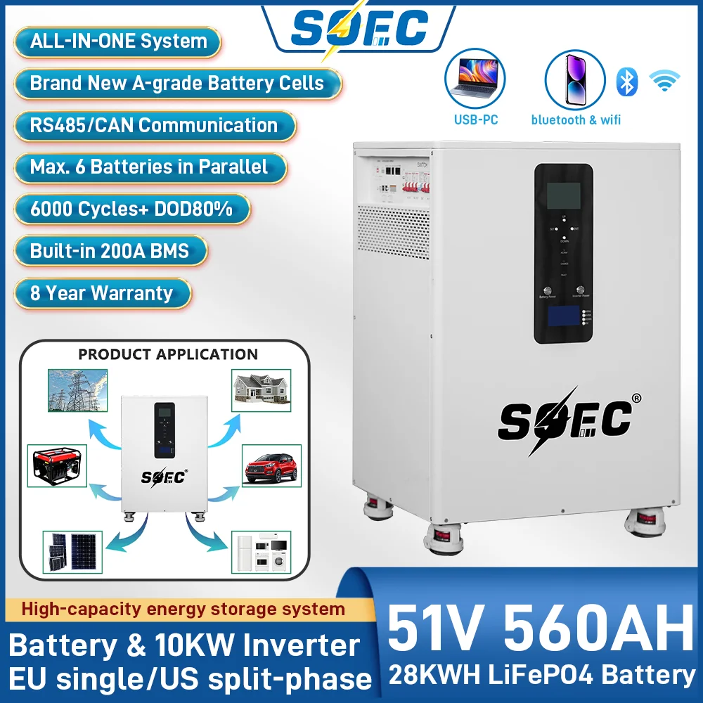 SOEC 28KWH All In One System Built in 10KW MPPT Inverter High Capacity 51V 560Ah Lithium Battery 6000 Cycles Powerwall &WIFI