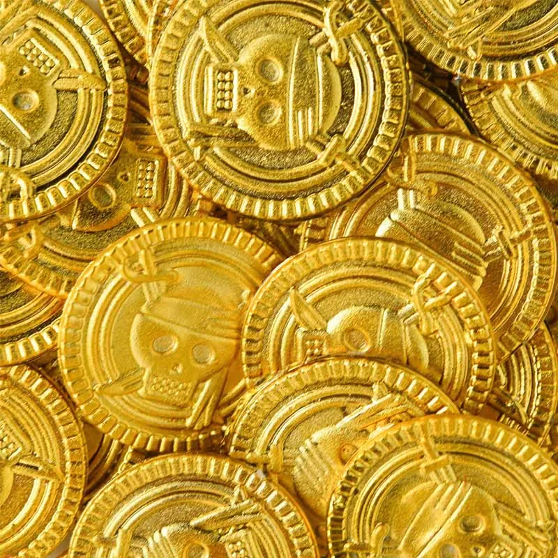 50pcs Plastic Pirate Gold coin Treasure Coins Halloween Kids Birthday Party Decoration Fake Coins Treasure Hunt Game Toys Props