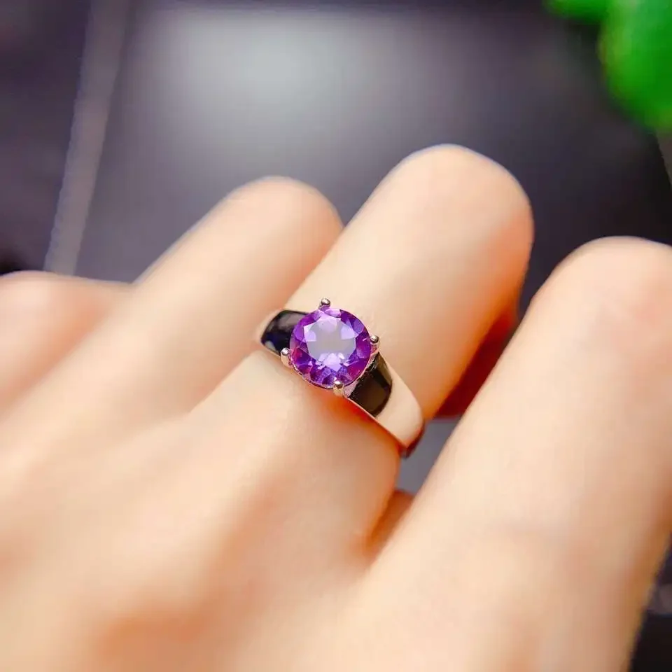 CoLife Jewelry Simple Silver Amethyst Ring 8mm Natural Amethyst Silver Ring 925 Silver Gemstone Ring Gift for Woman