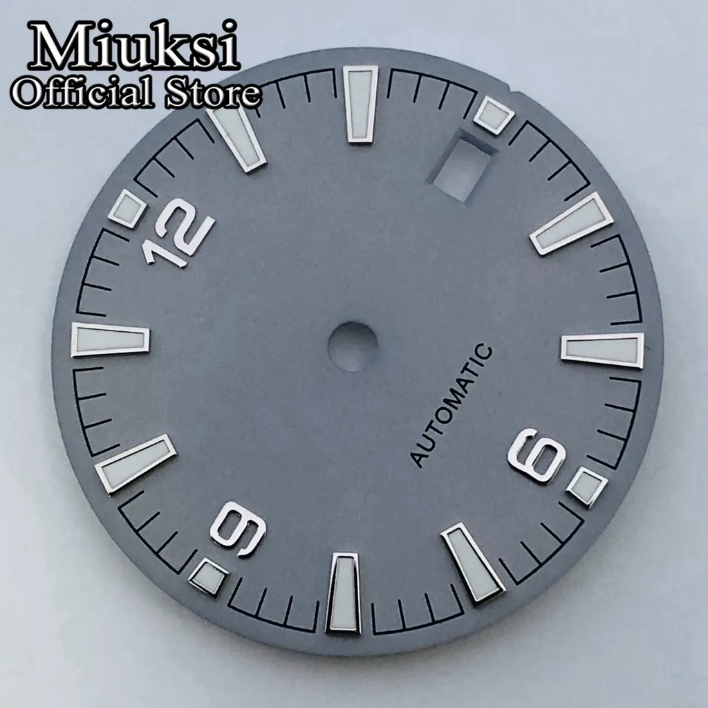 Miuksi 31mm black blue gray white watch dial green luminous fit NH35 movement fit 3 o\'clock crown 3.8 o\'clock crown