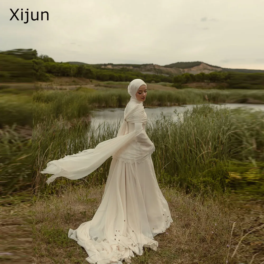 Xijun Luxury Ivory Evening Dresses Long Sleeves A-Line Pleated Formal Prom Dresses Flared Sleeves Formal Wedding Gowns Cusomized