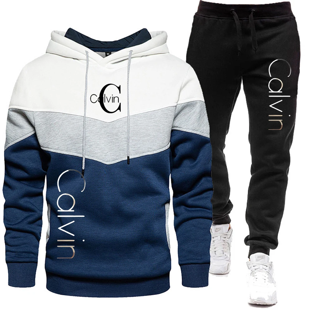 Calvin Print Men's Long Sleeve Hooded Sweatshirt Two-Piece Set, Casual Sportswear Fashion Trendy Sweater Set