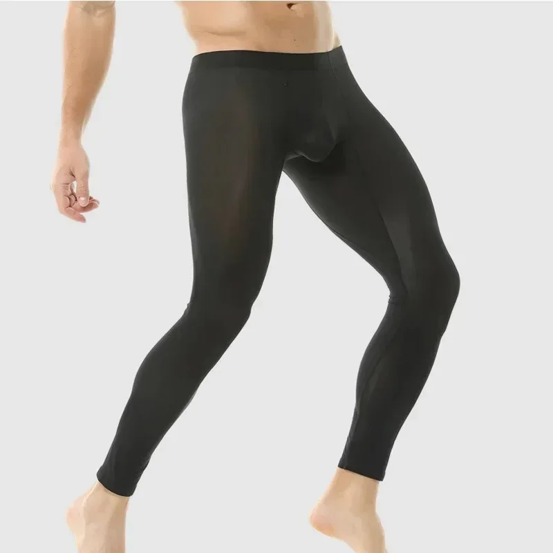 Men's Ultra-Thin High Elasticity Fitness Yoga Pants Ice Silk Semi-Transparent Running Nine-Point Sport Base Layer Leggings