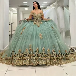 Elegant Shiny Beaded Green Quinceanera Dresses Gold Appliques Off the Shoulder Ball Gowns vestidos de 15 quinceañera