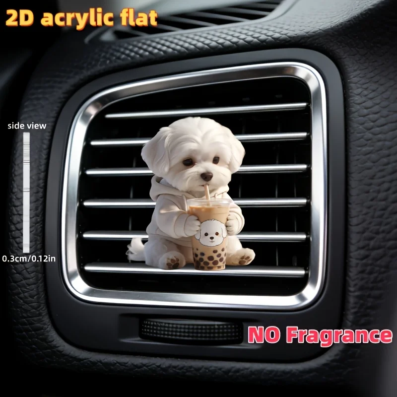 1 Pc Cute Maltese Dog Drinking Bubble Tea Car Vent Clip Decoration, Flat 2D Design with Hoodie Unscented