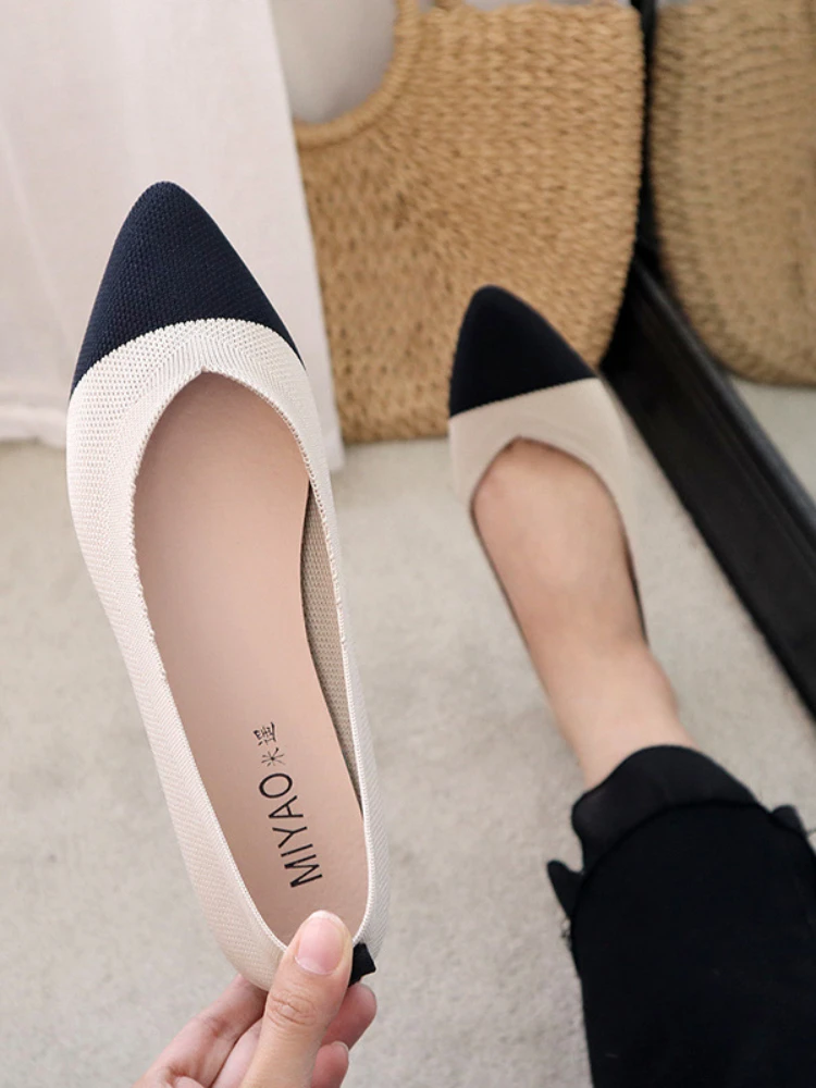 Casual Knitted Flat Shoes Women Pointed Toe Soft Sole Single New Simple Splicing Shallow Mouth Comfort House Shoes 2024