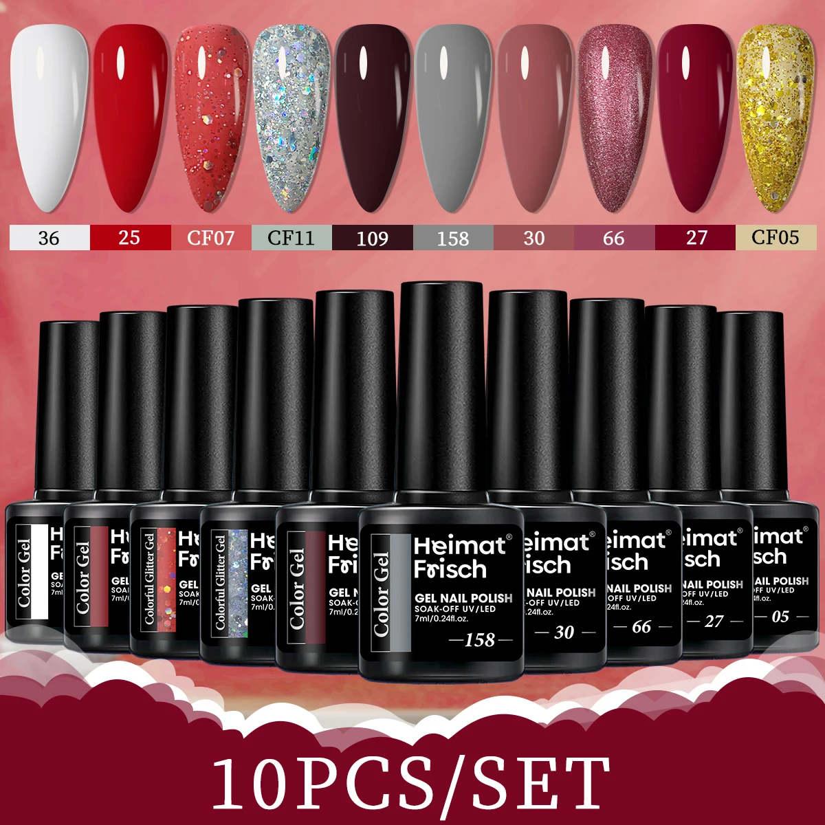 

10-Piece Gel Nail Polish Set, All-Season Colors, Dipable/LED Nail Art Gift Set, Long-Lasting, Salon-Quality Nails, 7ml Per Bottl