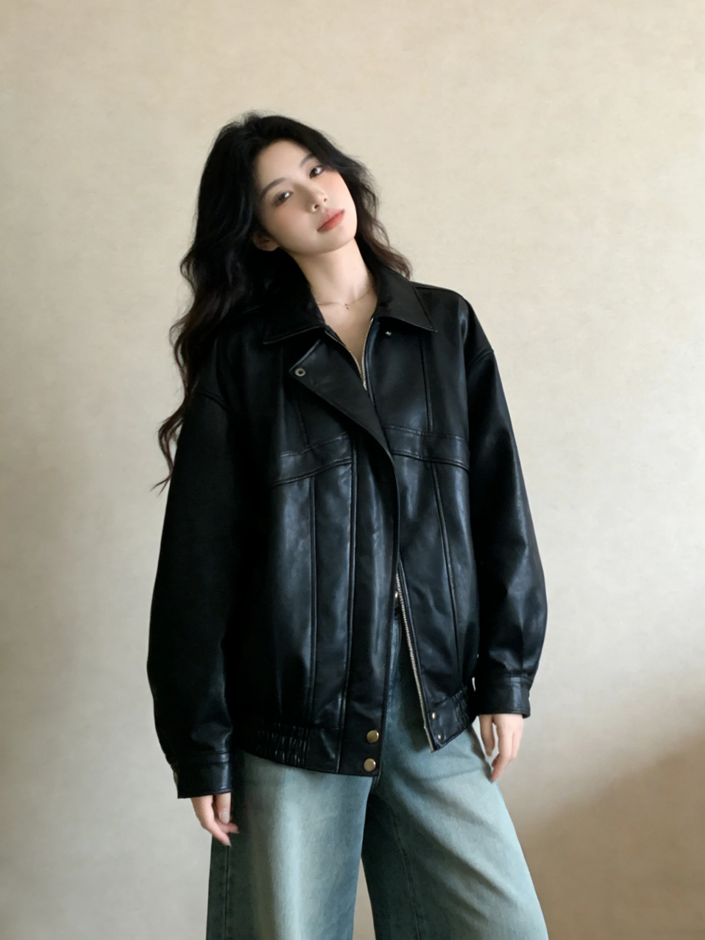 

American Retro Bla PU Leather Jaet Women's Spring New Sle ular Cool Faionable Coat Stand Version Long Sve Zi...