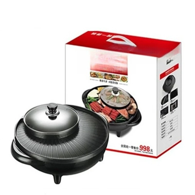 طباخ كهربائي متعدد بقدرة 1600 وات مع لوحة شواء غير لاصقة - وعاء ساخن 2 في 1 ومقلاة شواء للشواء الكوري وعاء ساخن والتجمعات العائلية