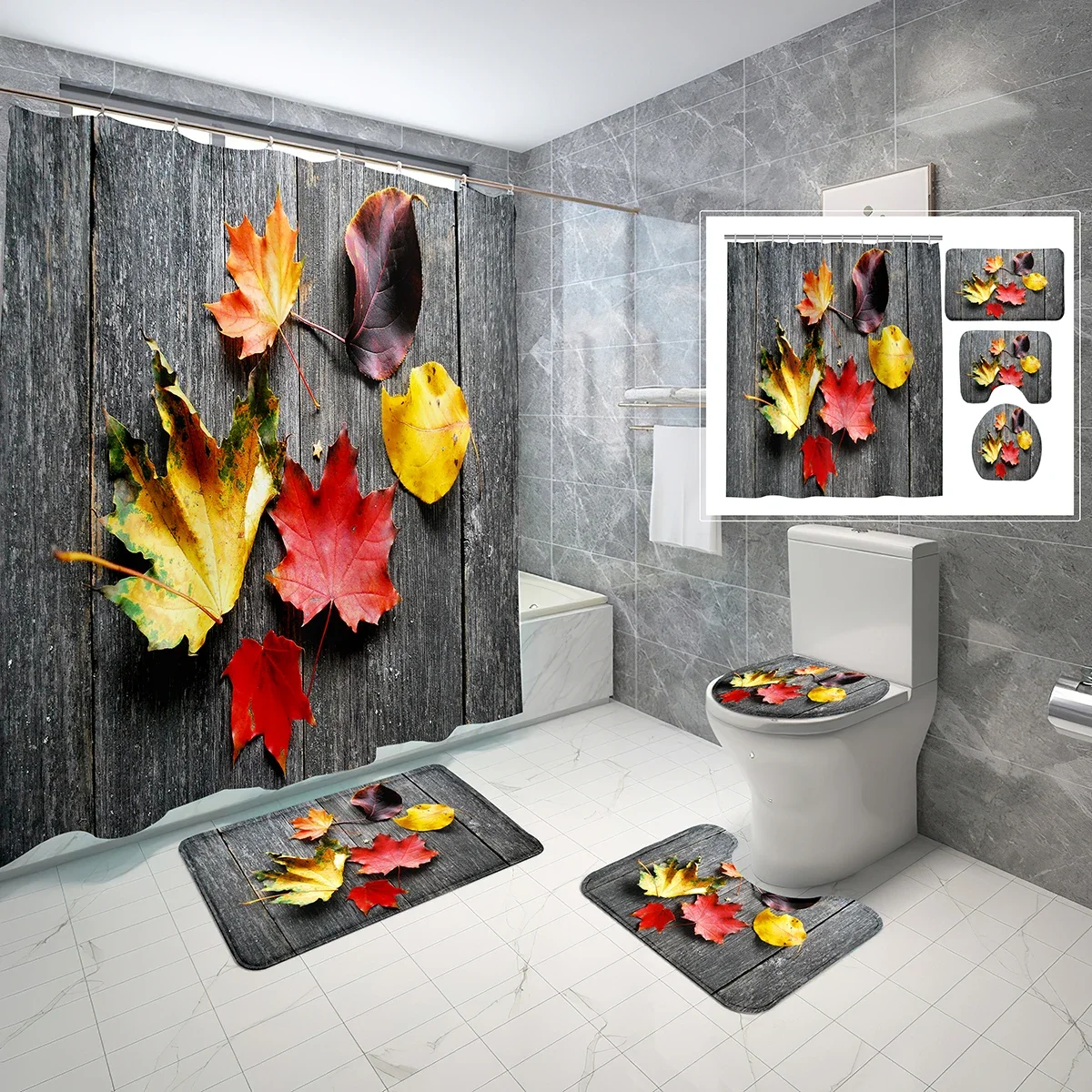 Leaves Shower Curtain Set Autumn Red Maple Leaf Bathroom Non-Slip Bath Mat Waterproof Shower Curtain Toilet Cover 4 PCS Set