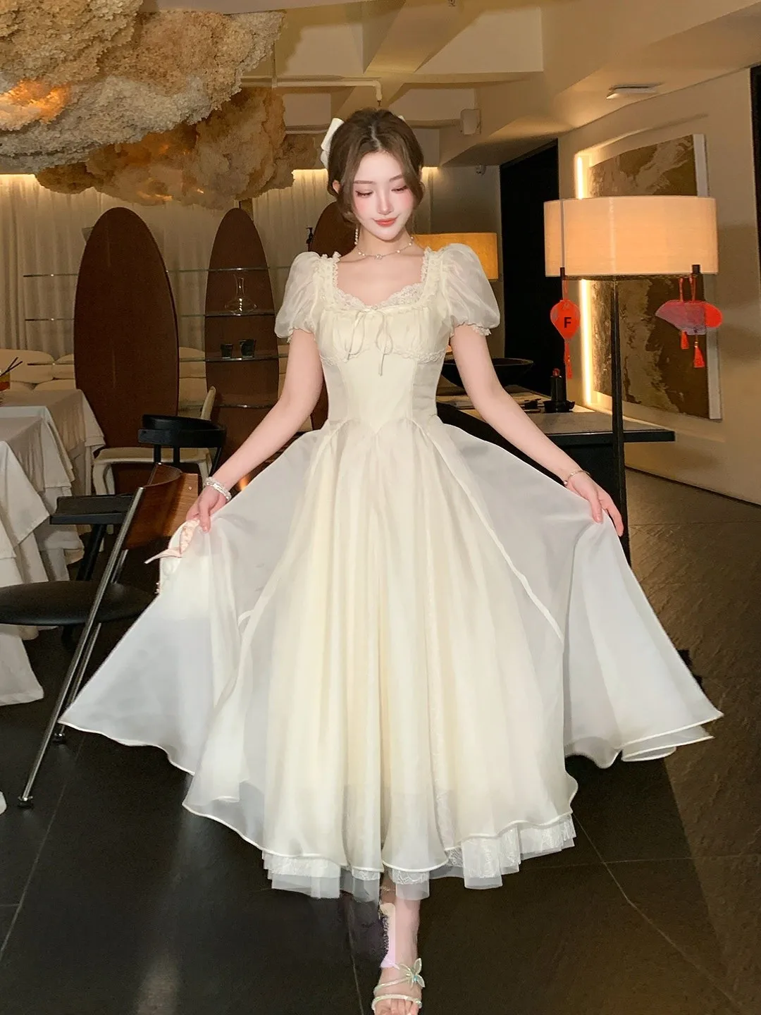 

Sweet Tea Summer Girl Pure Desire Bubble Sleeve Long Dress Lace Splicing Dress French Style High Waist Polyester Summer Dress