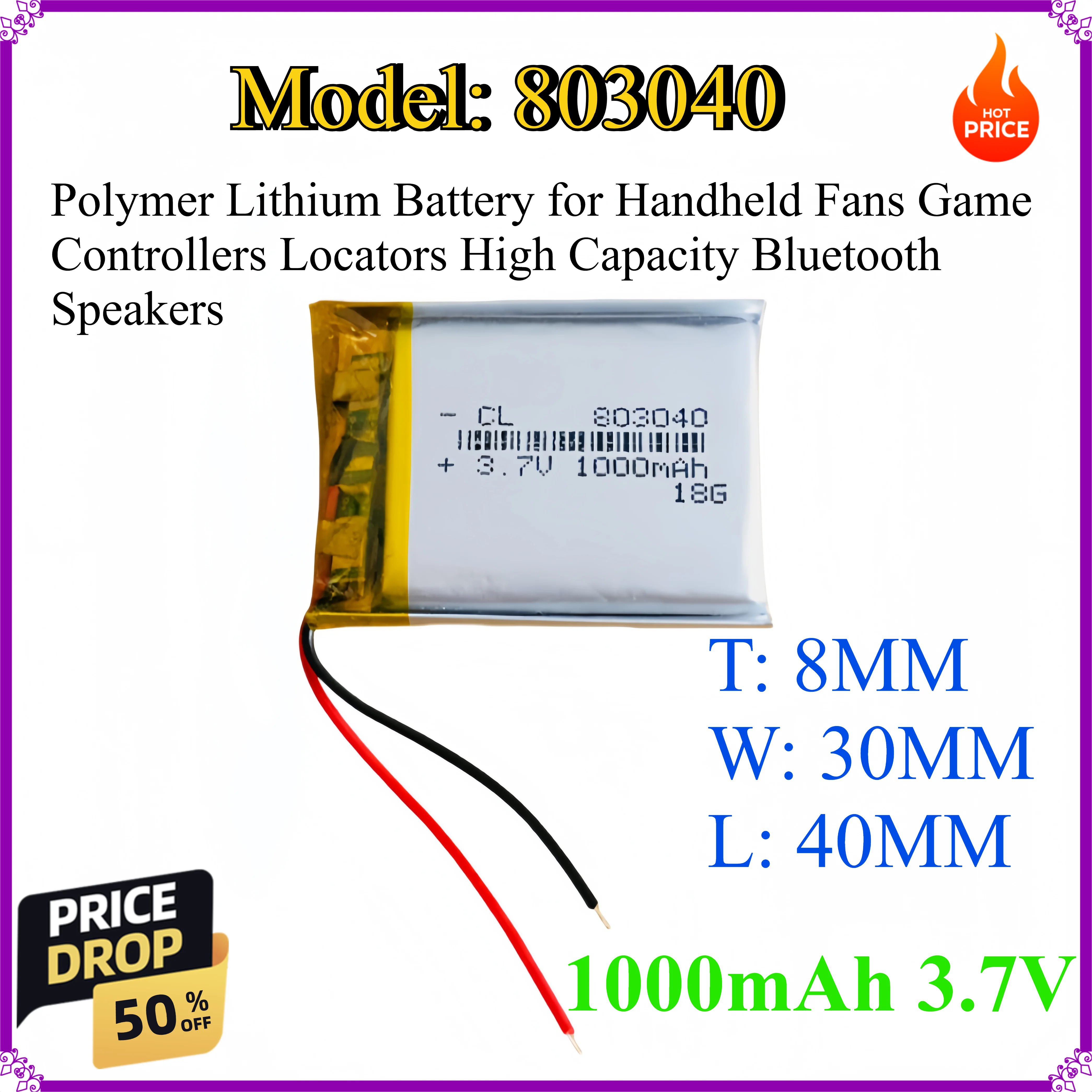 

803040 1000mAh 3.7V Polymer Lithium Battery for Handheld Fans Game Controllers Locators High Capacity Bluetooth Speakers