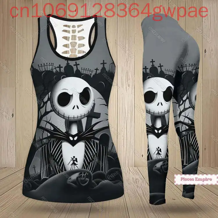 

Женская майка и леггинсы с вырезом Disney Jack Skellington, комплект для йоги, летний спортивный костюм для фитнеса, полые майки, леггинсы, костюм