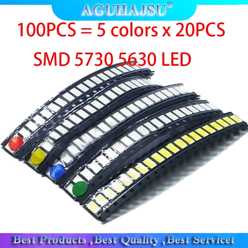 100 PZ = 5 colori x 20 PZ SMD 5730 5630 KIT assortimento diodi LED Kit diodi LED Verde/ROSSO/Bianco/Blu/Giallo
