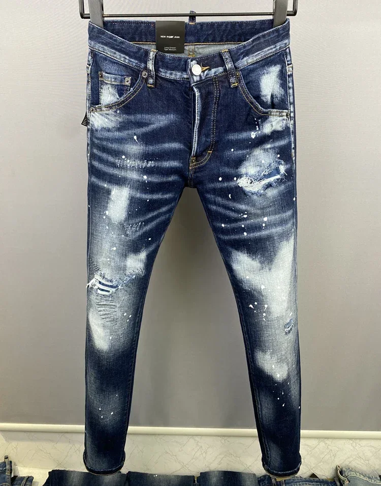 fashionBRAND Men Jeans DSQ Denim Pants Hole Slim Pencil Trousers Metal Buttons Party Clothes Classics D2 JEANS blue 9837