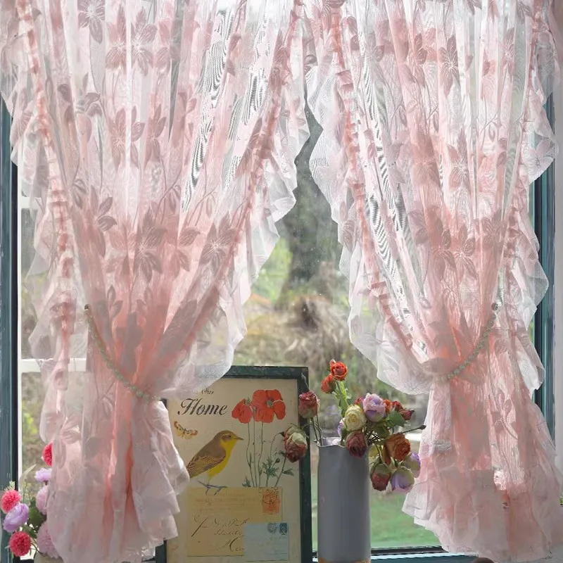 Korean Beautiful Romantic Pink Flower Ruffled Sheer Tulle Curtain Rod Pocket For Bedroom Princess Room Wedding Home Decor