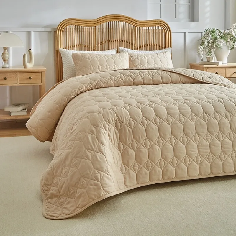 Plain color stitching bed cover 3-piece set thin quilt set bedding dust cover pillowcase bed sheet set