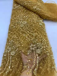 Luxury African Sequins Beaded Lace Fabric 2025 High Quality Lace 5 Yards Gold French Lace Fabric Nigerian Lace Fabrics Party
