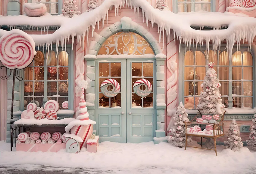Mehofond Photography Background Winter Christmas Pink Candy Shop Lollipop Window Kid Family Portrait Decor Backdrop Photo Studio