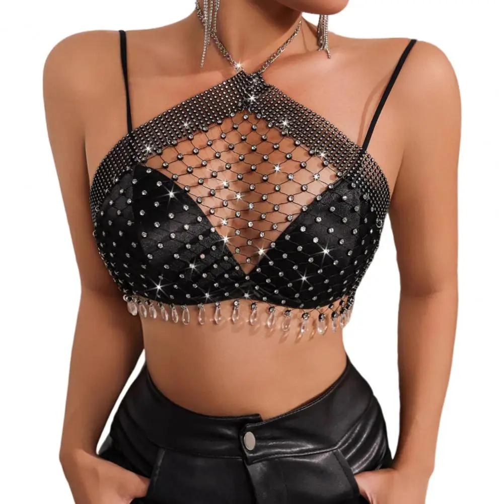 Backless Cropped Tops Sparkling Rhinestone Halter Top with Fishnet Detail Backless Design Sexy Crop Top for Women Fishnet Halter