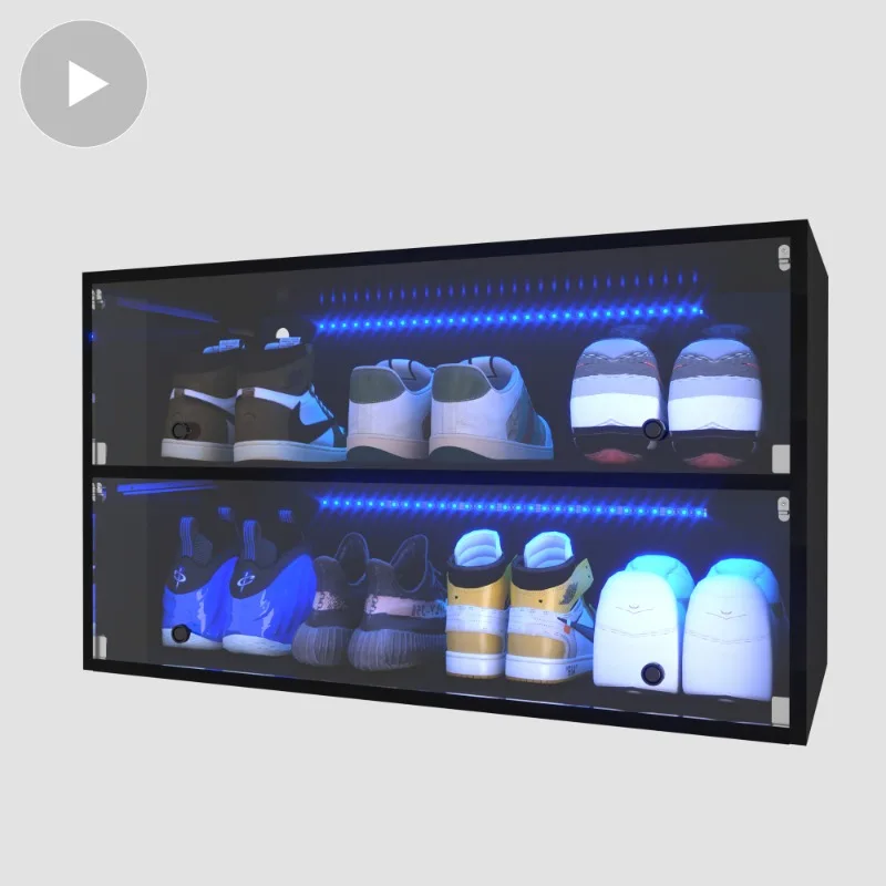 Collectible Display Shoe Box with LED Light Wooden Stackable Shoe Box with Sliding Glass Door Shoe Box for Displaying Sneakers