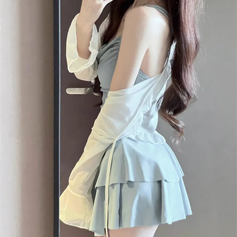 2025 Summer Swimsuit for Women Sweet Backless Sexy Swimming Dress Style One-piece  Swimwear with Coat Beach Vacation Costume