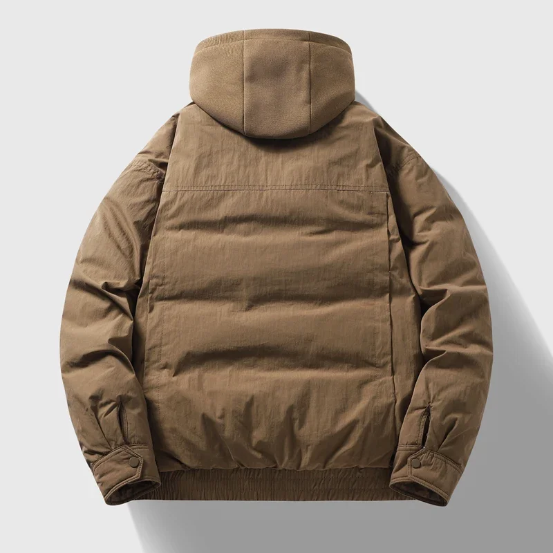 سترة رجالية كاجوال كبيرة الحجم بغطاء للرأس، لون سادة، نمط منتفخ مع حشوة البط الأبيض، معطف يومي متعدد الاستخدامات
