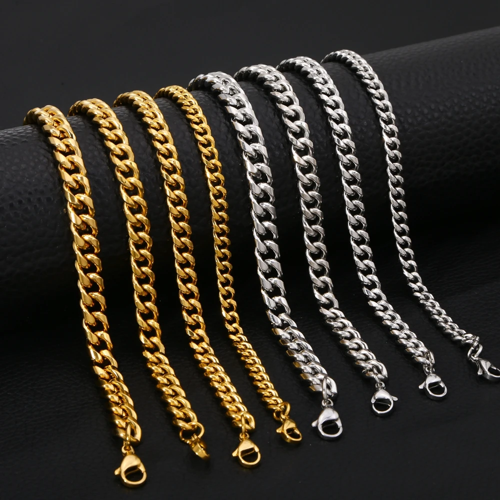 HONGTONG Basic Curb Chain Bracelet for Men Stainless Steel Cuban Gold Color Link Chain Wristband Classic Punk Heavy Male Jewelry